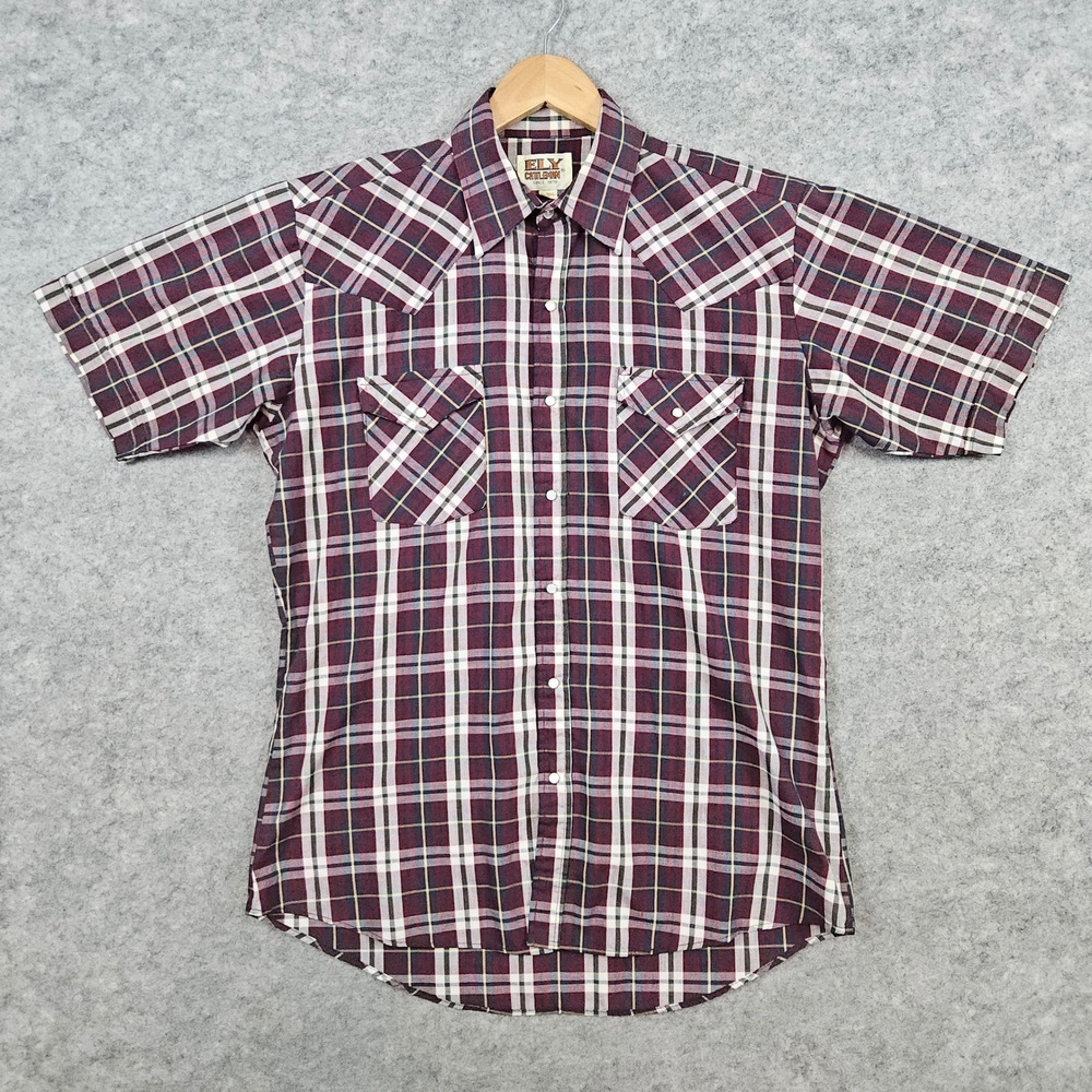 Ely Cattleman Men's Burgundy Plaid Western Shirt Short Sleeve Size M Pearl Snap